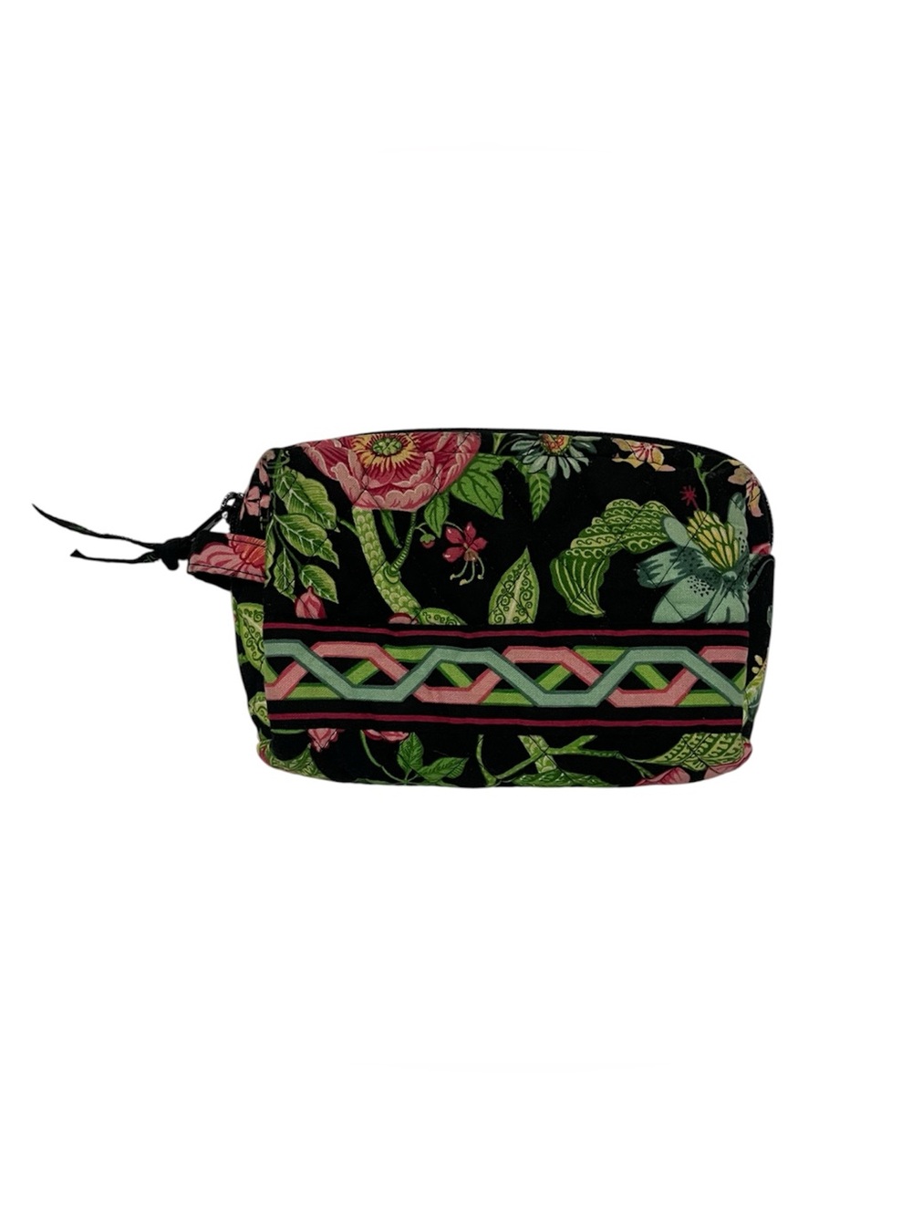 Floral Quilted Cosmetic Pouch - Black Pink Green